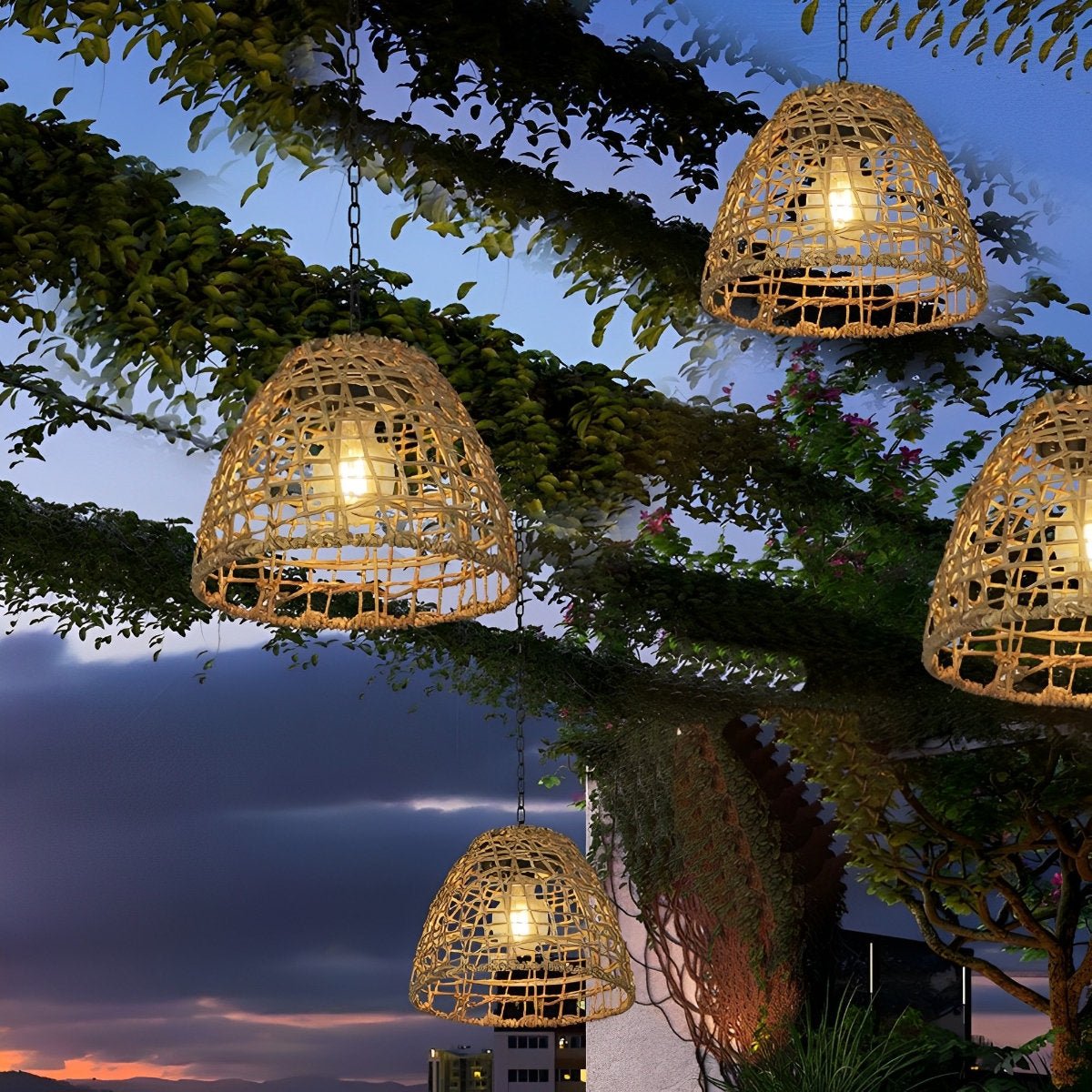 Waterproof Solar Bell Rattan Outdoor Lanterns Pendant Lights